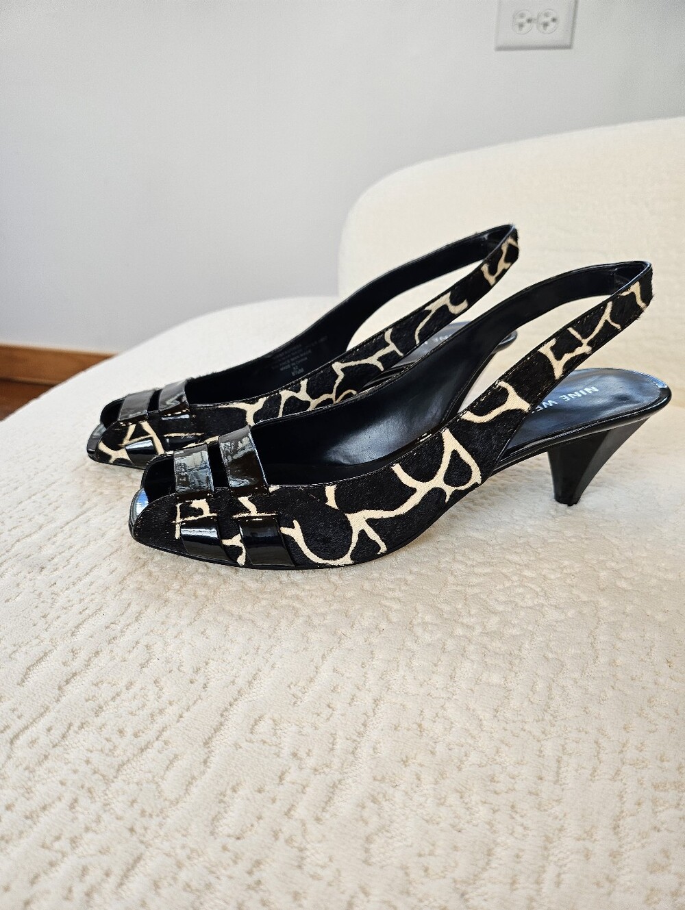 Nine West Black and White Patterned Slingback Peep-Toe Mules